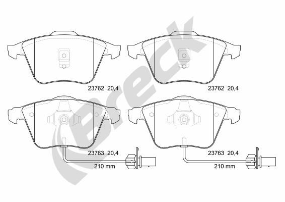 Комплект гальмівних накладок, дискове гальмо BRECK 23762 00 701 10