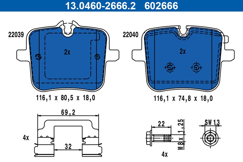 Brake Pad Set, disc brake ATE 13.0460-2666.2