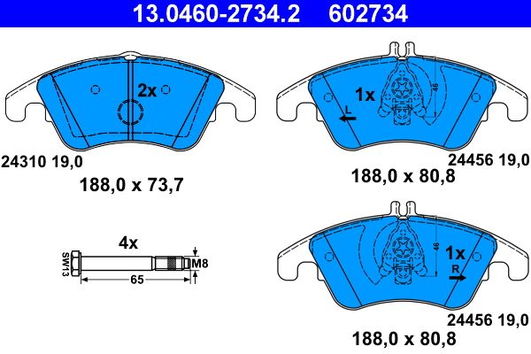 Комплект гальмівних накладок, дискове гальмо ATE 13.0460-2734.2