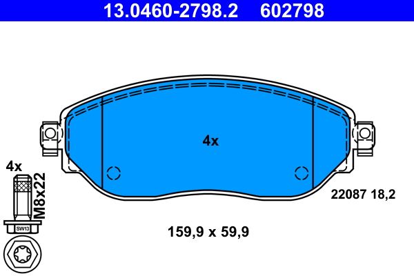 Комплект гальмівних накладок, дискове гальмо ATE 13.0460-2798.2