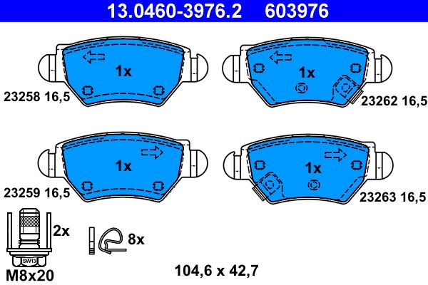 Комплект гальмівних накладок, дискове гальмо ATE 13.0460-3976.2