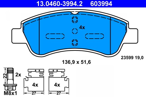 Комплект гальмівних накладок, дискове гальмо ATE 13.0460-3994.2