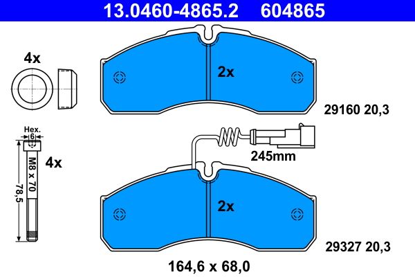 Комплект гальмівних накладок, дискове гальмо ATE 13.0460-4865.2