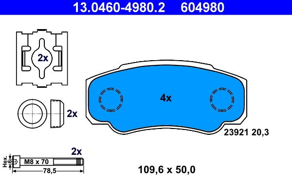 Комплект гальмівних накладок, дискове гальмо ATE 13.0460-4980.2