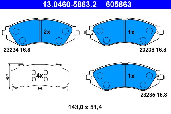 Комплект гальмівних накладок, дискове гальмо ATE 13.0460-5863.2