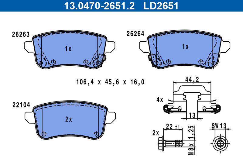 Brake Pad Set, disc brake ATE 13.0470-2651.2