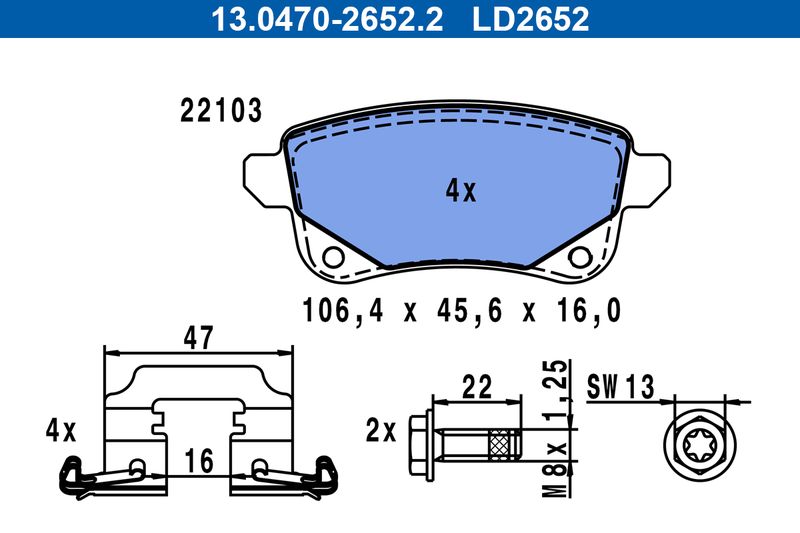 Brake Pad Set, disc brake ATE 13.0470-2652.2