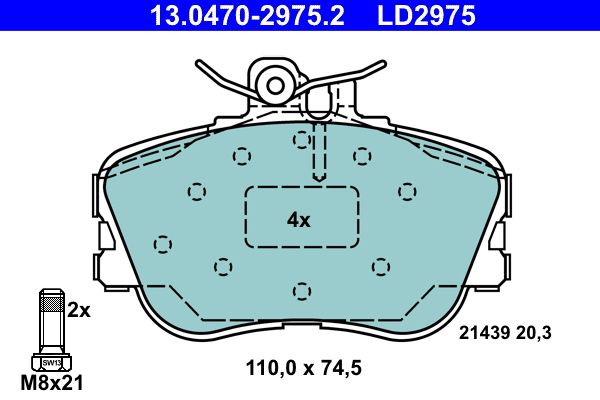 Комплект гальмівних накладок, дискове гальмо ATE 13.0470-2975.2