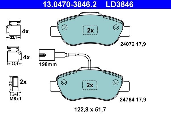 Комплект гальмівних накладок, дискове гальмо ATE 13.0470-3846.2