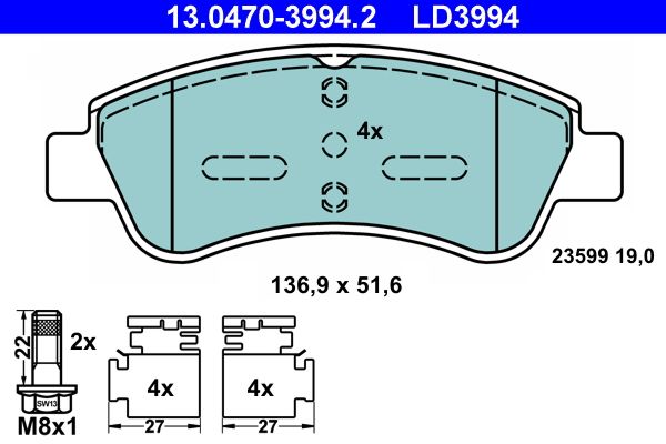 Комплект гальмівних накладок, дискове гальмо ATE 13.0470-3994.2