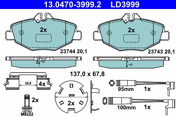 Комплект гальмівних накладок, дискове гальмо ATE 13.0470-3999.2