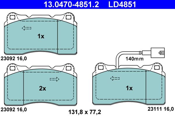 Комплект гальмівних накладок, дискове гальмо ATE 13.0470-4851.2