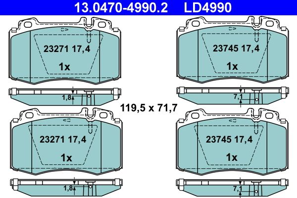 Комплект гальмівних накладок, дискове гальмо ATE 13.0470-4990.2