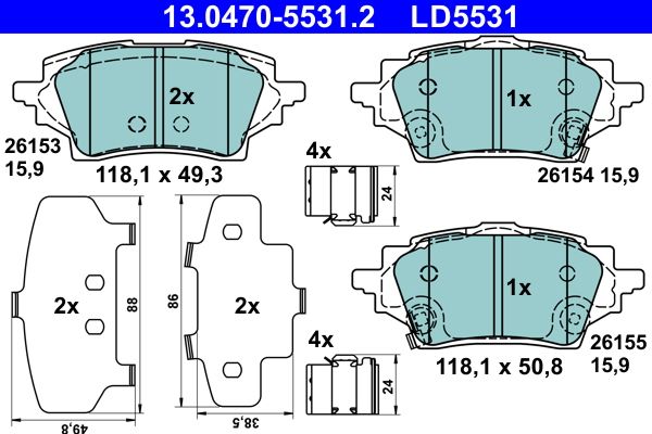 Комплект гальмівних накладок, дискове гальмо ATE 13.0470-5531.2