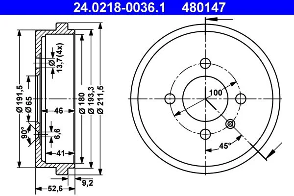Stabdžių būgnas ATE 24.0218-0036.1