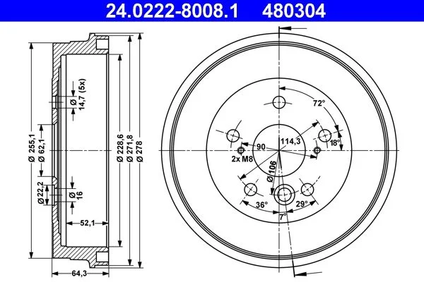 Brake Drum ATE 24.0222-8008.1