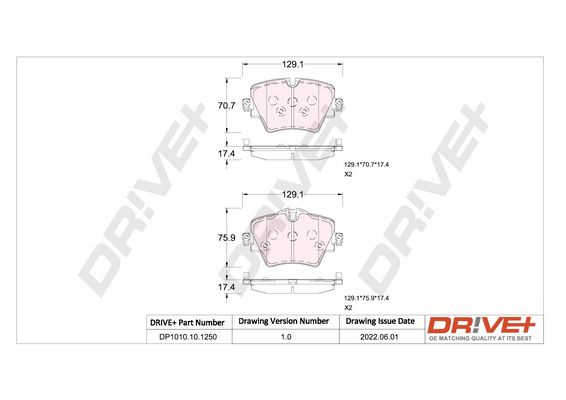 Комплект гальмівних накладок, дискове гальмо Dr!ve+ DP1010.10.1250