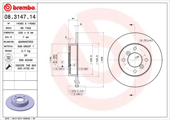 Stabdžių diskas BREMBO 08.3147.14