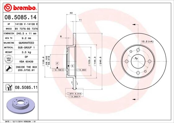 Stabdžių diskas BREMBO 08.5085.11