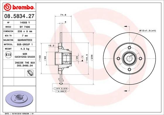 Stabdžių diskas BREMBO 08.5834.27