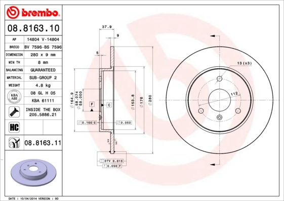 Stabdžių diskas BREMBO 08.8163.11