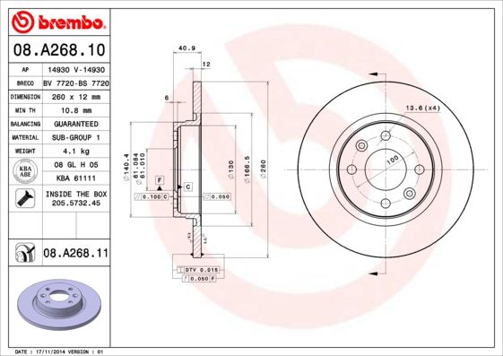 Stabdžių diskas BREMBO 08.A268.11