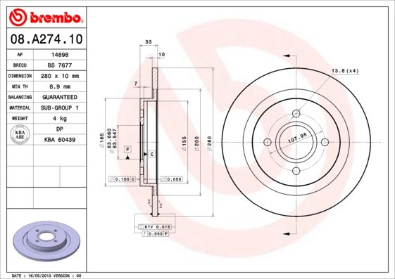 Stabdžių diskas BREMBO 08.A274.10