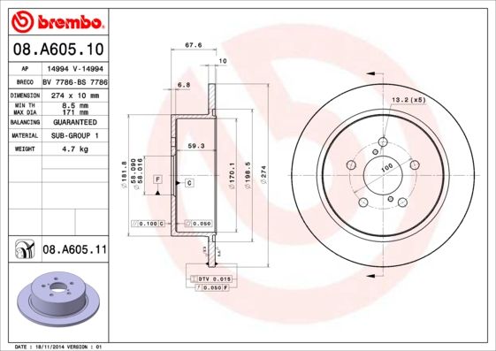 Гальмівний диск BREMBO 08.A605.11