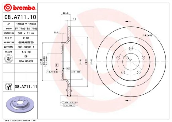 Stabdžių diskas BREMBO 08.A711.11