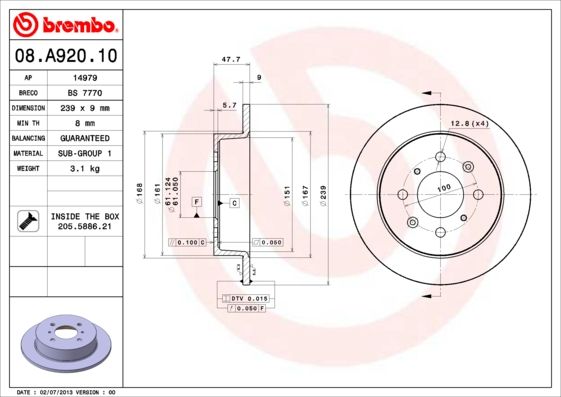 Stabdžių diskas BREMBO 08.A920.10