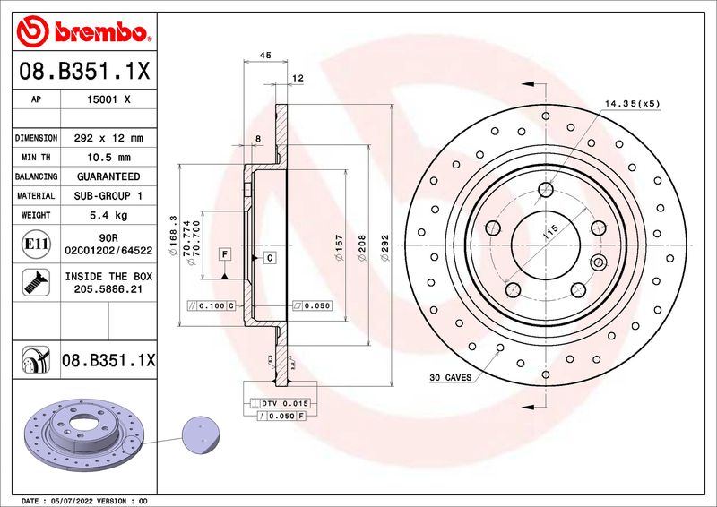 Гальмівний диск BREMBO 08.B351.1X
