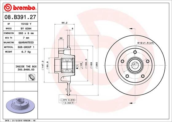Stabdžių diskas BREMBO 08.B391.27