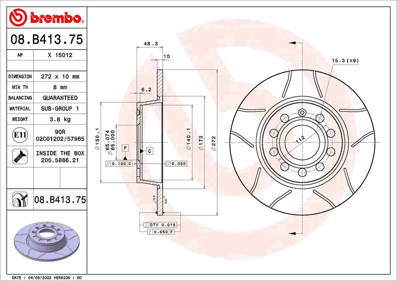 Гальмівний диск BREMBO 08.B413.75