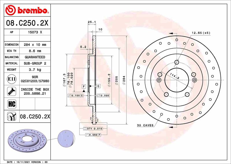 Гальмівний диск BREMBO 08.C250.2X