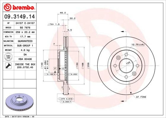 Stabdžių diskas BREMBO 09.3149.14