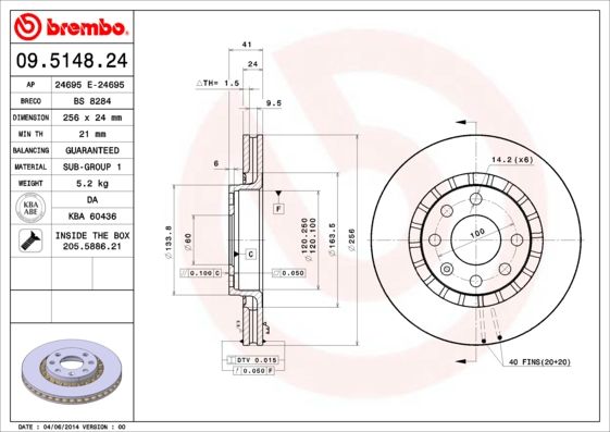 Stabdžių diskas BREMBO 09.5148.24