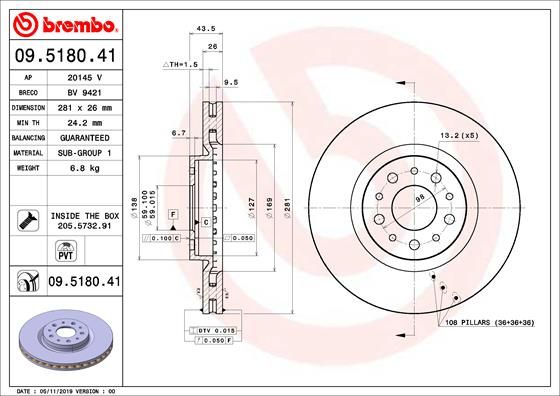 Stabdžių diskas BREMBO 09.5180.41