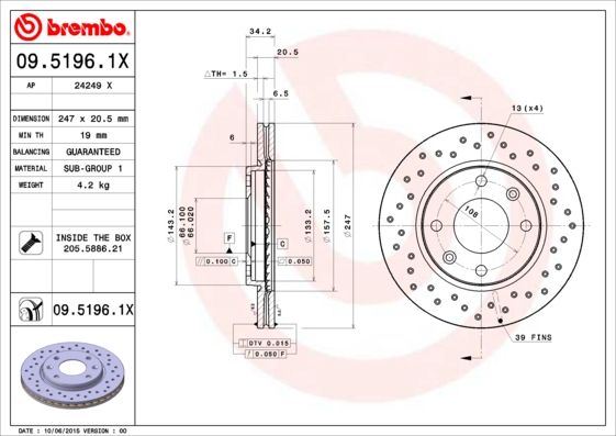 Stabdžių diskas BREMBO 09.5196.1X