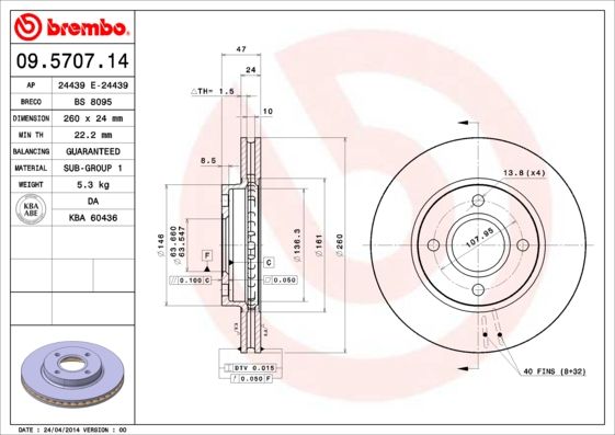 Stabdžių diskas BREMBO 09.5707.14