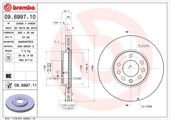 Stabdžių diskas BREMBO 09.6997.11