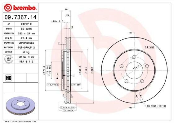 Гальмівний диск BREMBO 09.7367.14