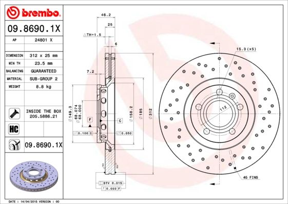 Stabdžių diskas BREMBO 09.8690.1X