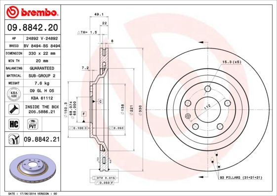 Гальмівний диск BREMBO 09.8842.21