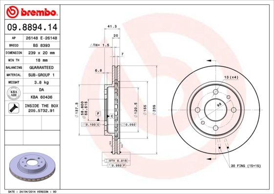 Stabdžių diskas BREMBO 09.8894.14