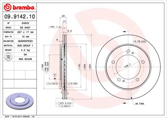 Brake Disc BREMBO 09.9142.10