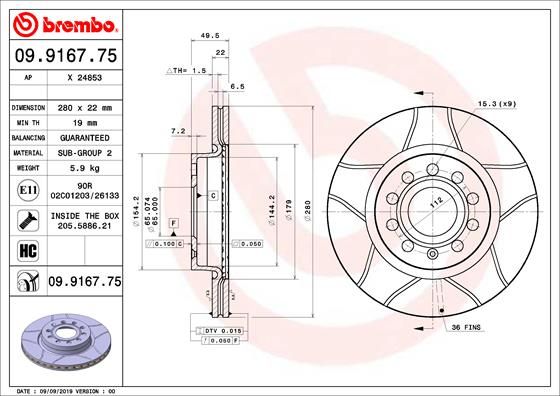 Stabdžių diskas BREMBO 09.9167.75