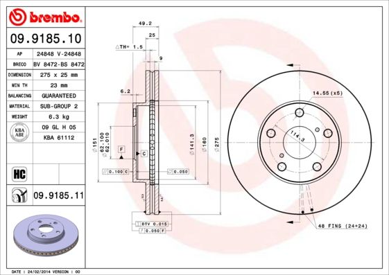 Гальмівний диск BREMBO 09.9185.11