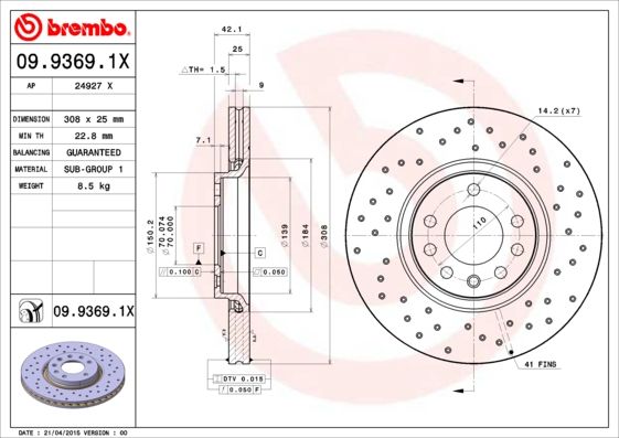 Гальмівний диск BREMBO 09.9369.1X