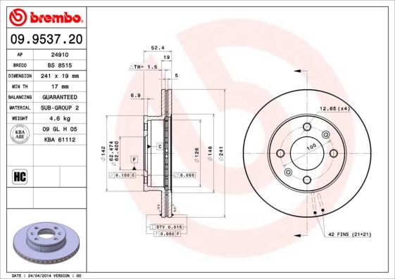 Stabdžių diskas BREMBO 09.9537.20