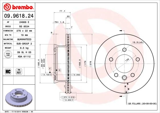 Stabdžių diskas BREMBO 09.9618.24